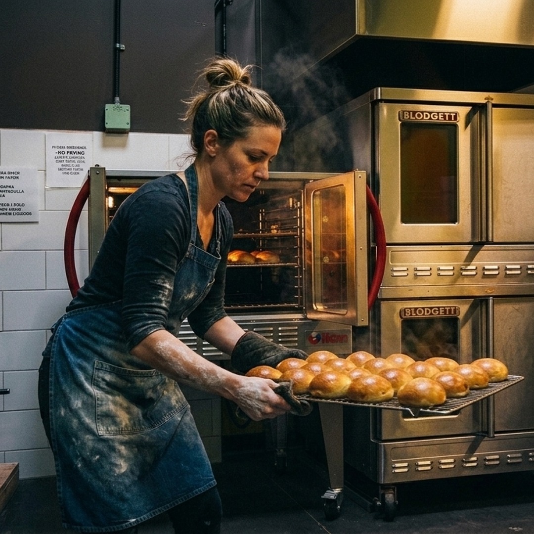 A baker pulling sourdough loaves from the oven at Sincerely Kitchen