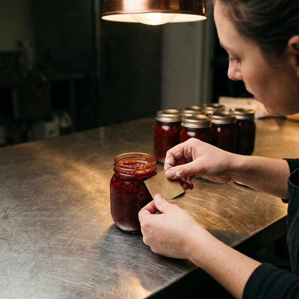 Founder labeling her first batch of preserves
