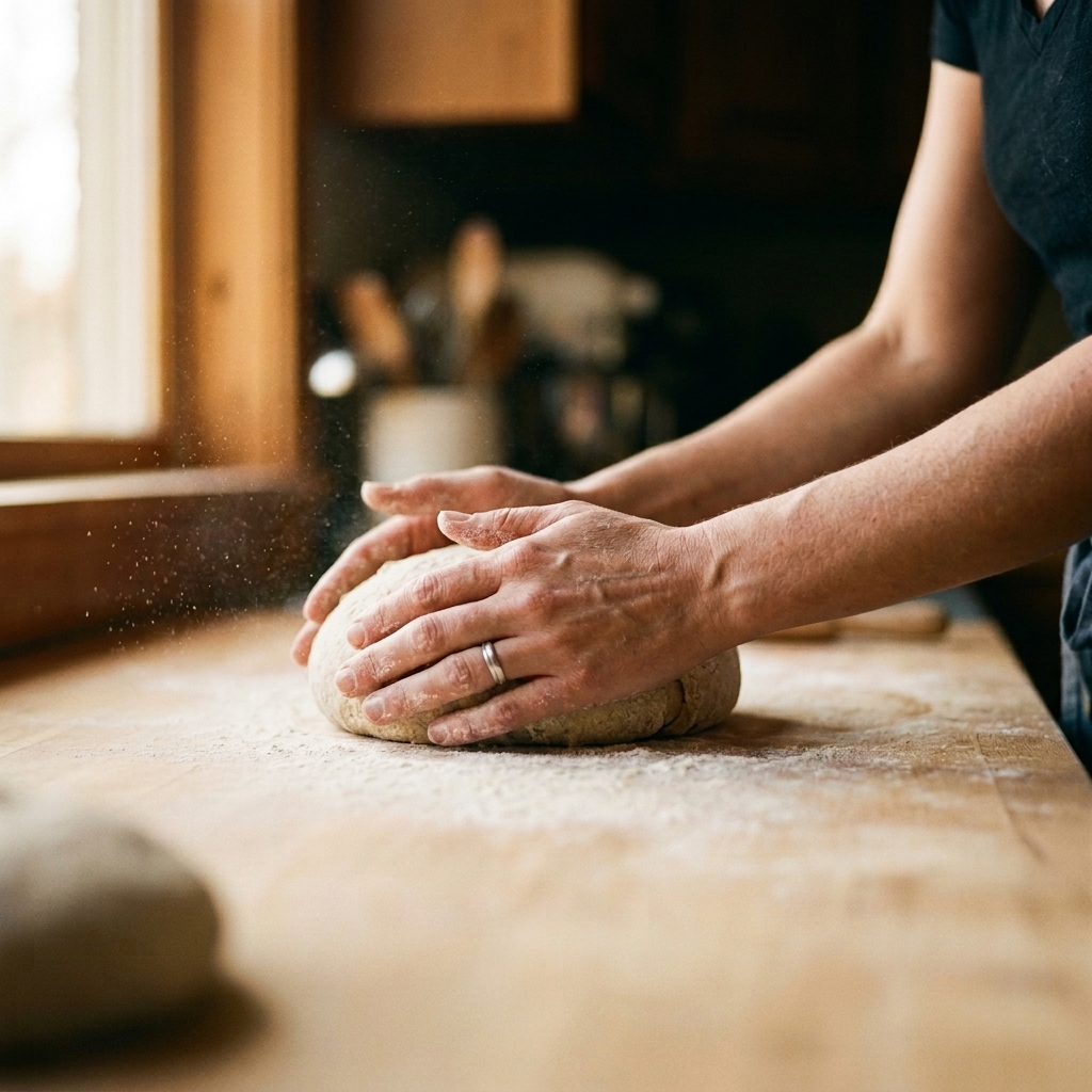 Hands shaping dough on a floured prep counter
