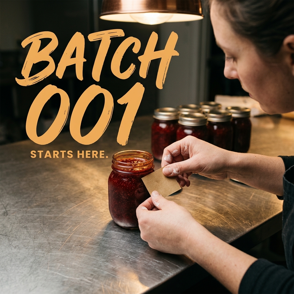 A food entrepreneur labeling her first batch of product in a commercial kitchen