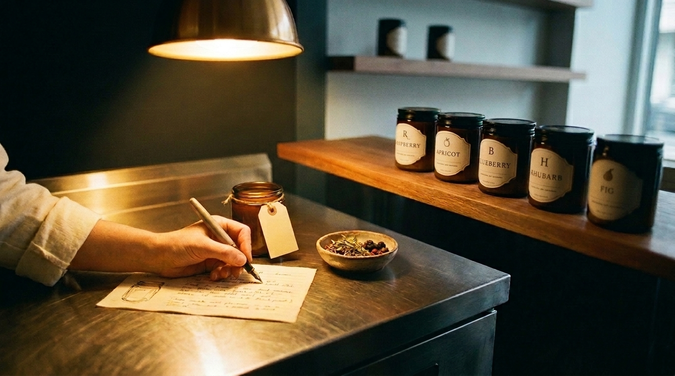 A handwritten recipe notebook open under warm pendant light on a brushed steel commercial kitchen counter