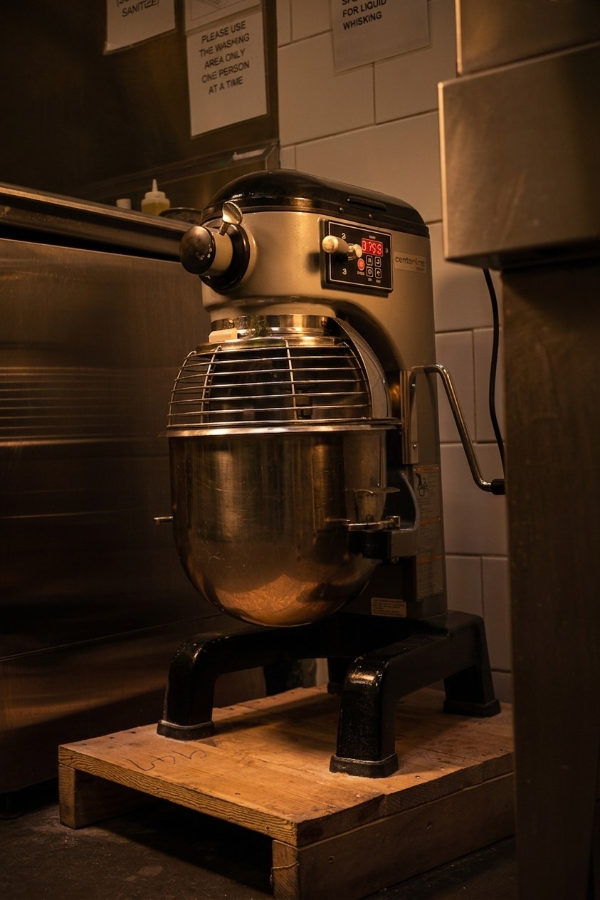 Floor-standing spiral dough mixer in the Sincerely Kitchen production space